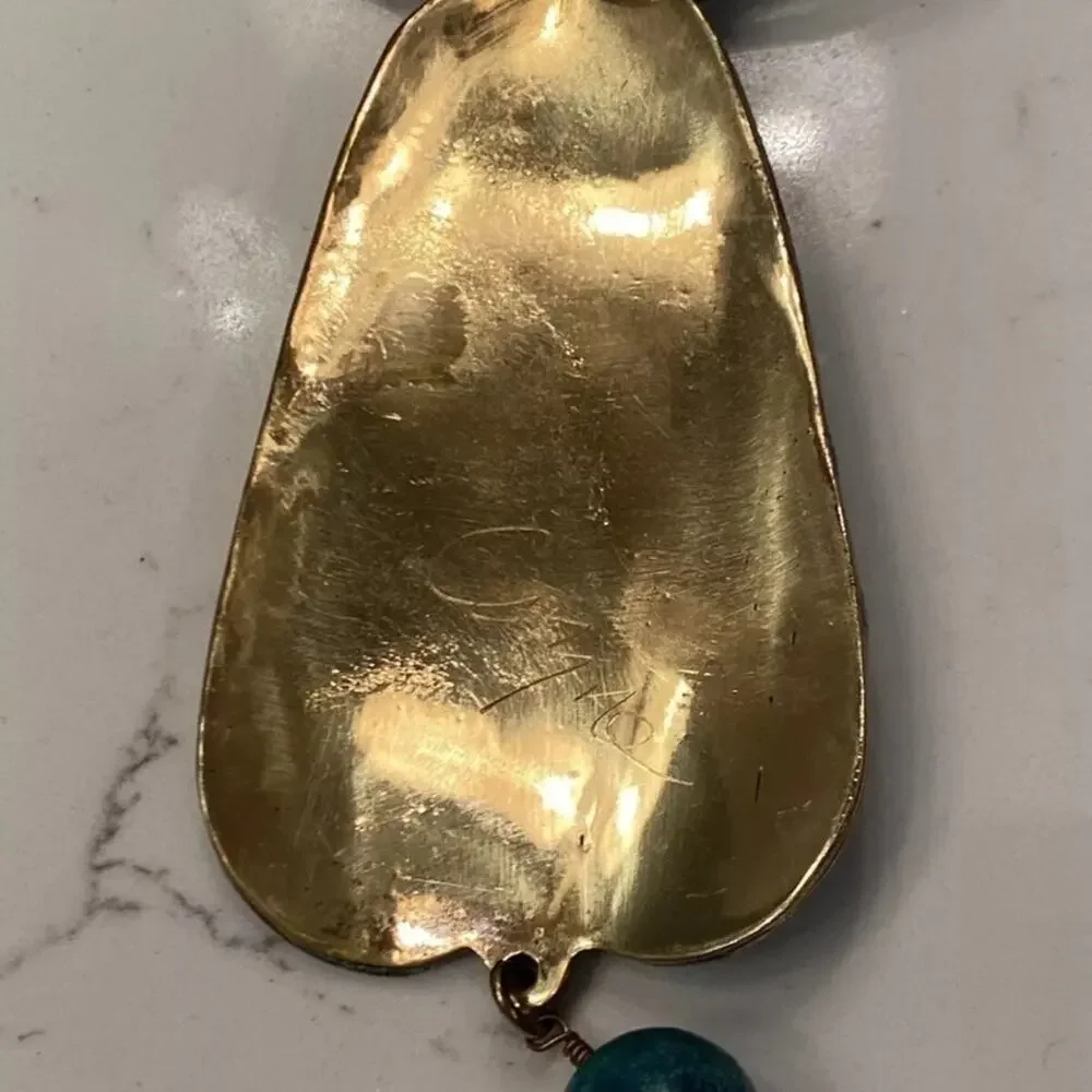 Elaine Coyne Verdigris Patina Brass Calla Lily Pendant Necklace Imperial Jasper